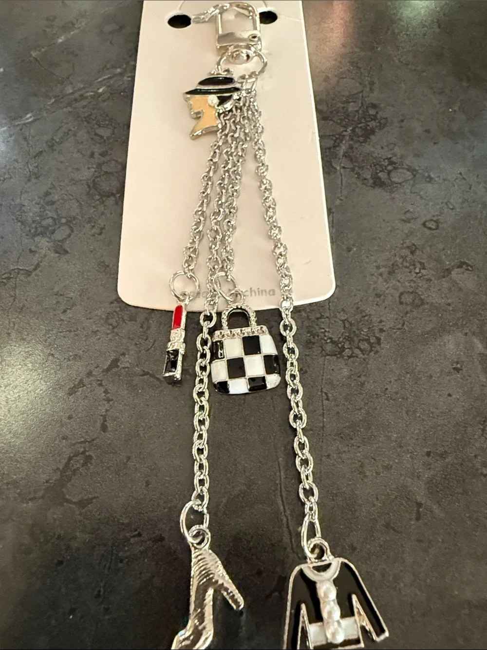 Silver Tone Women’s Fashion Charm Keychain with Black & White Accents